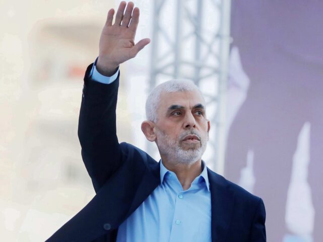 GAZA, PALESTINE - 2023/04/14: Yahya Sinwar, head of the Palestinian Islamic movement Hamas in the Gaza Strip, waves his hand to the crowd during the celebration of International Quds Day in Gaza City. The chief of the Palestinian Islamist Hamas movement in Gaza, Yahya Sinwar delivered a historic address to …