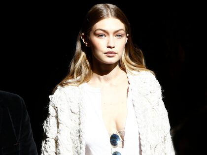 Super model Gigi Hadid seen leaving the Miu Miu fashion show in Paris on october 5, 2016.