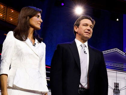 MIAMI, FLORIDA - NOVEMBER 08: Republican presidential candidates (L-R), former U.N. Ambassador Nikki Haley, Florida Gov. Ron DeSantis and Vivek Ramaswamy are introduced during the NBC News Republican Presidential Primary Debate at the Adrienne Arsht Center for the Performing Arts of Miami-Dade County on November 8, 2023 in Miami, Florida. …