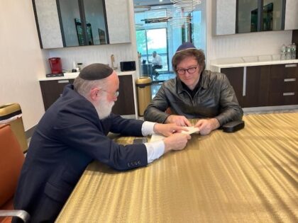 Then-Argentine Presidential candidate Javier Milei meets with Rabbi Simon Jacobson in New York City in 2022.