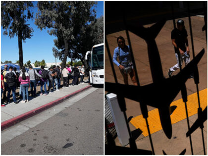 Migrants line up to take a bus to the airport Friday, Oct. 6, 2023, in San Diego. San Dieg
