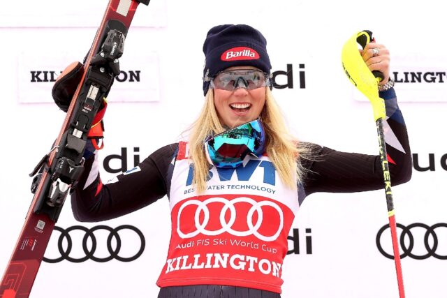 American Mikaela Shiffrin celebrates her World Cup slalom win in Killington, Vermont