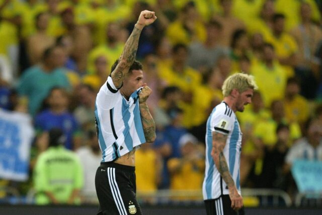 Argentina defender Nicolas Otamendi salutes the crowd after his winning goal in a 1-0 Worl