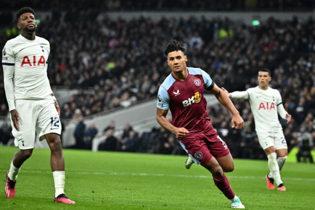 Aston Villa striker Ollie Watkins celebrates scoring against Tottenham
