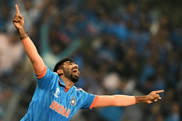 First-ball wicket: India's Jasprit Bumrah celebrates after dismissing Sri Lanka's Pathum Nissanka in a World Cup match in Mumbai