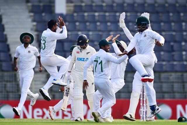 Bangladesh celebrate the dismissal of New Zealand's Devon Conway