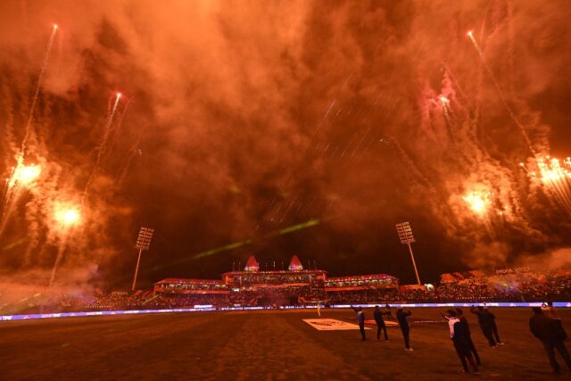 Blight night: Fireworks are seen at the end of the World Cup match between Australia and N