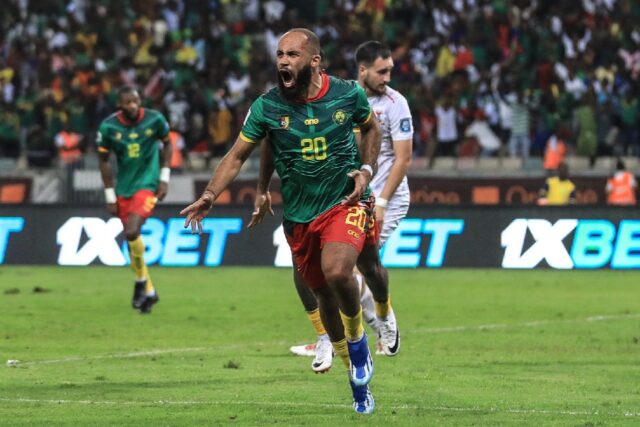 Bryan Mbeumo celebrates after scoring for Cameroon in a 2026 World Cup qualifier against M