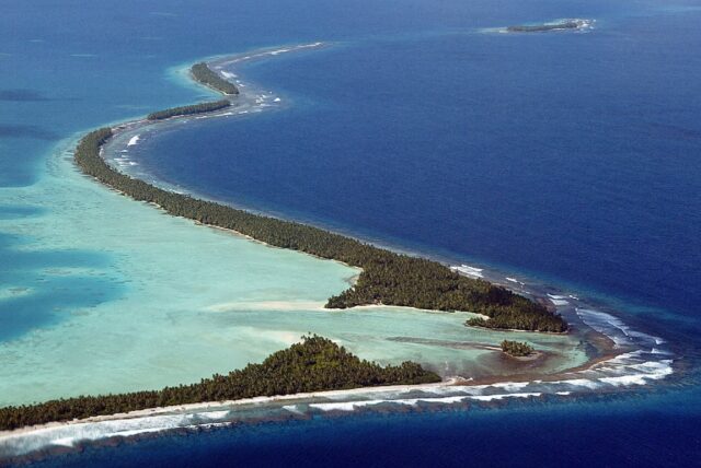 The coastline of Funafuti Atoll, Tuvalu, as seen in February 2004