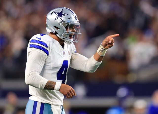 Dallas quarterback Dak Prescott celebrates after a two-point conversion in the fourth quar