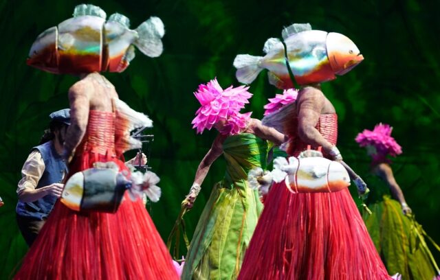 Dancers take part in a dress rehearsal of 'Florencia en el Amazonas,' sung in Spanish, at
