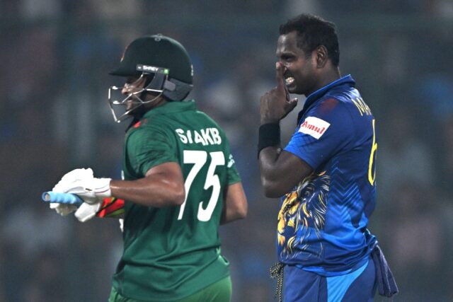'Disgraceful': Sri Lanka's Angelo Mathews (rifght) watches as Bangladesh captain Shakib Al