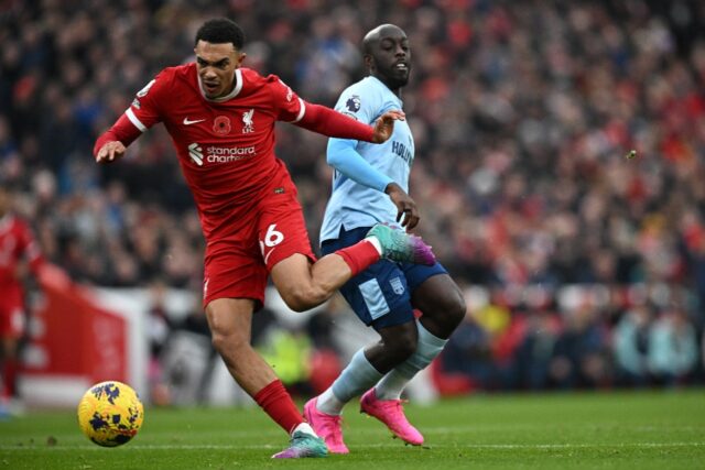 DR Congo scorer Yoane Wissa (R) playing for Brentford against Liverpool