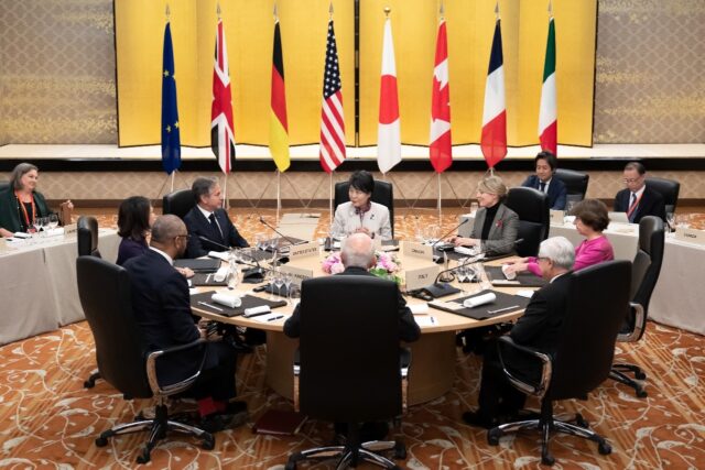 G7 foreign ministers are seeking to hammer out a common line on the Israel-Hamas war durin
