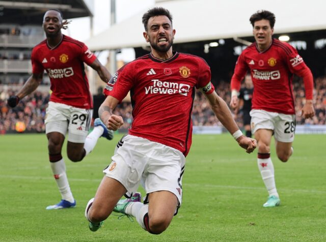 Manchester United midfielder Bruno Fernandes celebrates his goal against Fulham