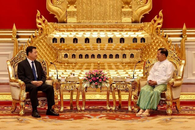 Myanmar junta chief Min Aung Hlaing (R, pictured with China's public security minister Wang Xiaohong) said the military will hit back at ethnic armed groups waging an offensive in the north of the country