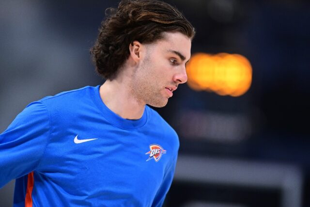 Oklahoma City Thunder guard Josh Giddey before an NBA game in October, 2023
