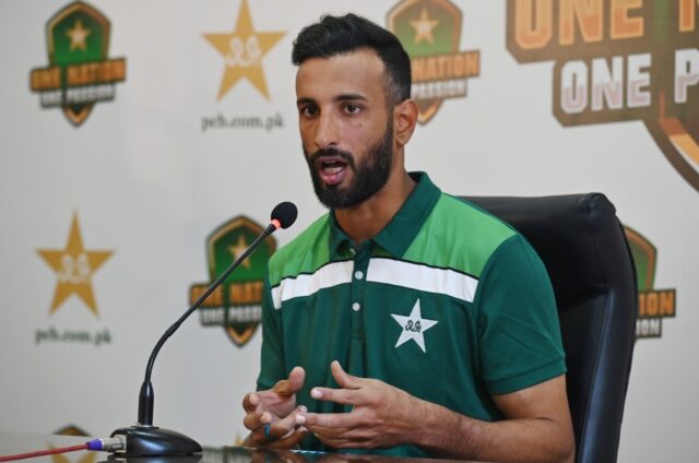 Pakistan captain Shan Masood at a press conference at the Gaddafi Cricket Stadium in Lahor