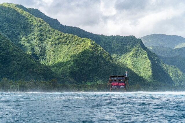 This picture taken on August 19, 2022, shows the old judges' tower in Teahupo'o
