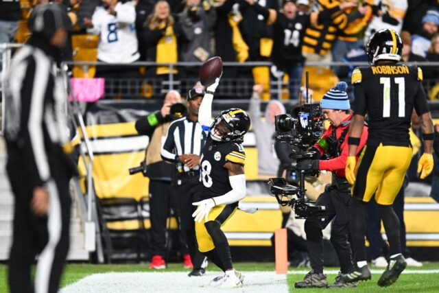 Pittsburgh's Diontae Johnson celebrates a touchdown in the fourth quarter of the Steelers' NFL victory over the Tennessee Titans