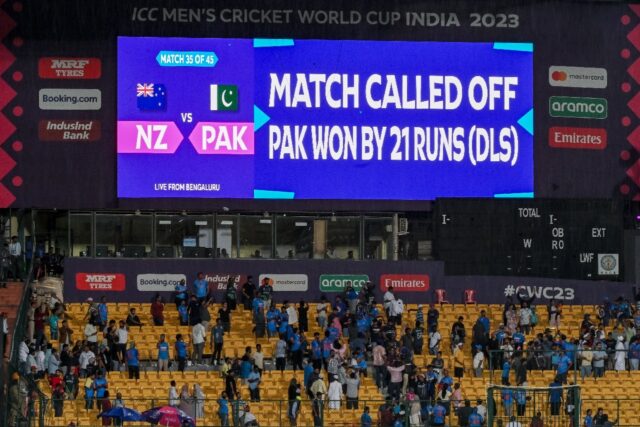 Rain men: The screen at the M. Chinnaswamy Stadium in Bengaluru displays the result