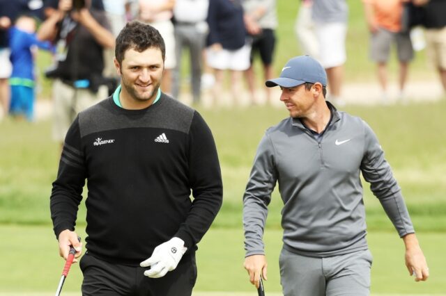 One in, one out: Rory McIlroy (R) will play in the new TGL tech golf league but Jon Rahm has pulled out