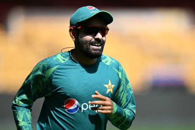 Running man: Pakistan captain Babar Azam at a practice session in Bengaluru on Friday