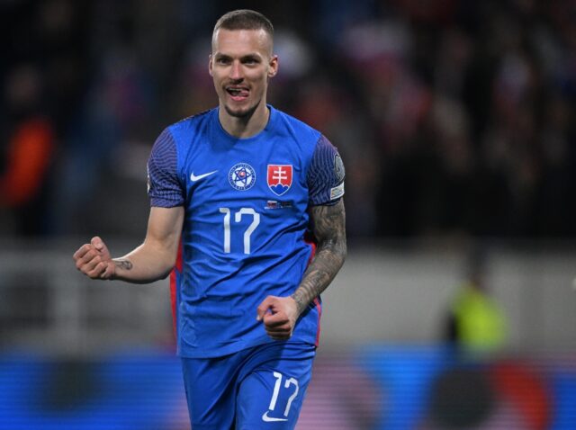 Slovakia forward Lukas Haraslin celebrates one of his two goals in the win against Iceland