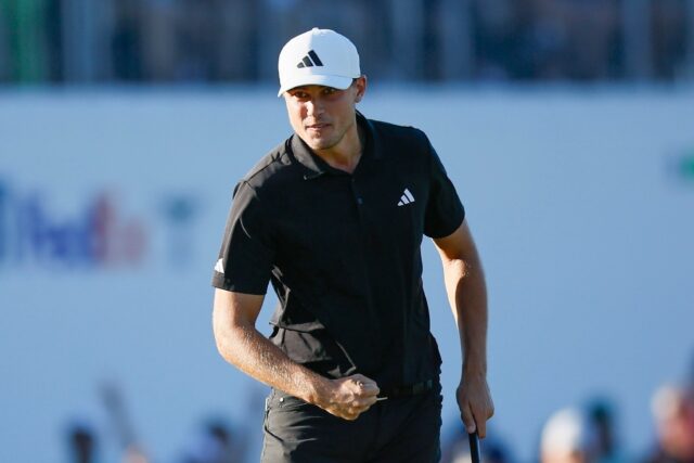Sweden's Ludvig Aberg reacts after winning the US PGA Tour's RSM Classic in St. Simons Isl