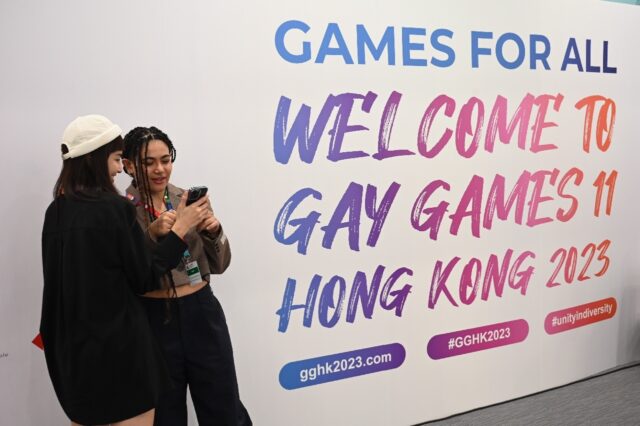 Thai singer Silvy Pavida Moriggi (C) attends a press conference ahead of the Gay Games in Hong Kong