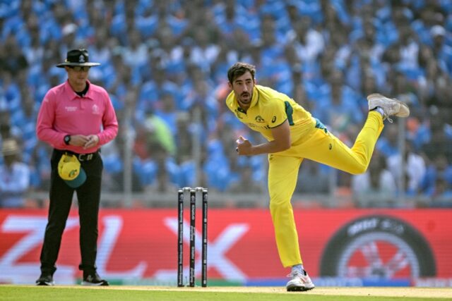 On top: Australia's Mitchell Starc bowls during the final on Sunday