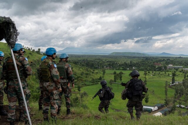 UN peacekeepers at a command post during a training exercise in Sake, eastern Democratic R