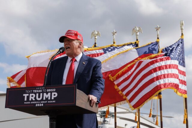 Former US president Donald Trump gives remarks at the South Texas International airport on