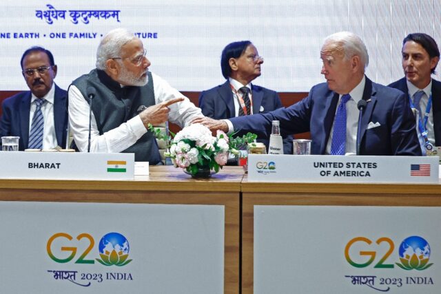 US President Joe Biden and India's Prime Minister Narendra Modi attend a session the G20 s