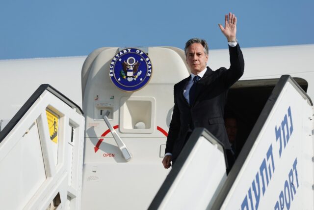 US Secretary of State Antony Blinken disembarks from an aircraft at Ben Gurion airport nea