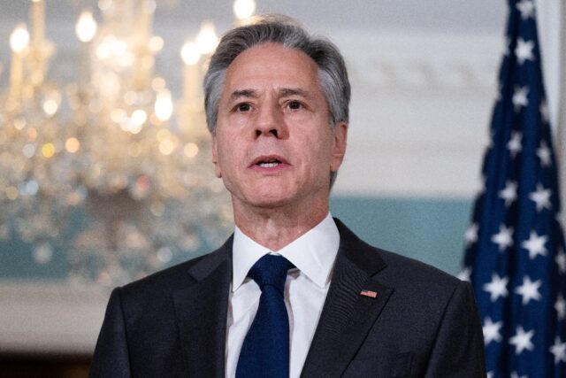 US Secretary of State Antony Blinken speaks to the press prior to meeting with African Union Commission Chairperson Moussa Faki Mahamat at the State Department