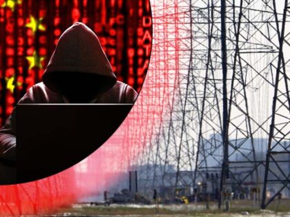 Cyber threat from china. Chinese hacker at the computer, on a background of binary code, t