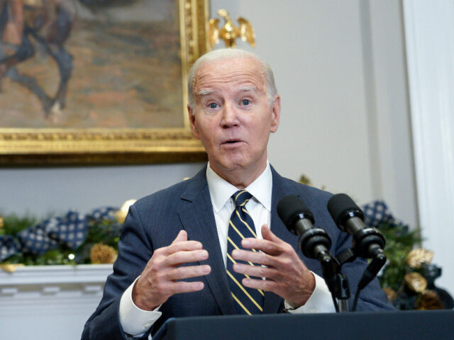 US President Joe Biden speaks in the Roosevelt Room of the White House in Washington, DC,