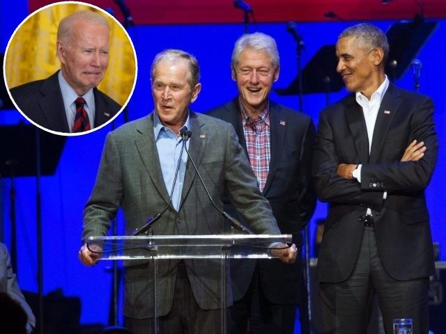 Former Presidents George Bush, Bill Clinton, and Barack Obama (JIM CHAPIN/AFP via Getty Im