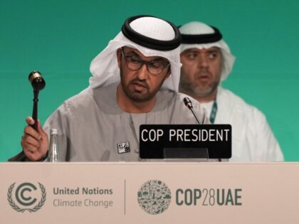 COP28 President Sultan al-Jaber bangs the gavel during a plenary session at the COP28 U.N.