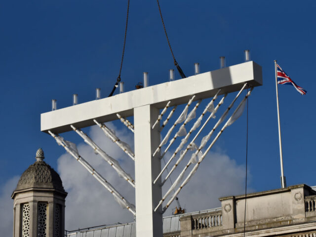 LONDON, UNITED KINGDOM - NOVEMBER 30: The new Menorah on Trafalgar Square is put in place for Chanukah, the Jewish festival of lights on November 30, 2018 in London, England. PHOTOGRAPH BY Matthew Chattle / Future Publishing (Photo credit should read Matthew Chattle/Future Publishing via Getty Images)