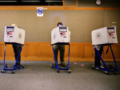 Voters stand in booths at a voting station at the Metropolitan Museum of Art (MET) during