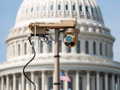 A video surveillance unit is set up on the East Front of the Capitol as security officials