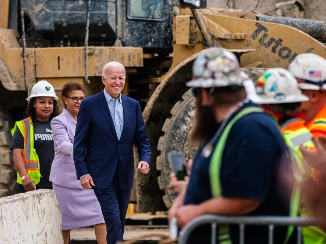 LOS ANGELES, CA - OCTOBER 13: US President Joe Biden, the US Representative Karen Bass and the Steel Worker Yurvina Fernandez arrive at the Metro D Line (Purple) Extension Transit Project - Section 3 on October 13, 2022 in Los Angeles, California. Biden spoke about the Bipartisan Infrastructure Law and …