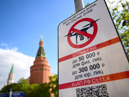TOPSHOT - A "No Drone Zone" sign sits just off the Kremlin in central Moscow as it prohibi