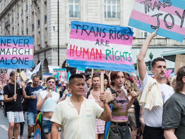 LONDON, UNITED KINGDOM - JULY 08, 2023: Transgender people and their supporters march through central London during the fifth Trans Pride protest march for transgender freedom and equality in the UK and globally in London, United Kingdom on July 08, 2023. (Photo credit should read Wiktor Szymanowicz/Future Publishing via Getty …