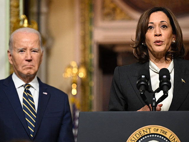 US Vice President Kamala Harris, with US President Joe Biden (L), speaks at a signing ceremony in the Indian Treaty Room of the Eisenhower Executive Office Building, next to the White House in Washington, DC on July 25, 2023. President Biden is signing a proclamation establishing the Emmett Till and …