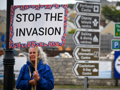 PORTLAND, ENGLAND - SEPTEMBER 16: Protesters against illegal immigration and the Bibby Sto