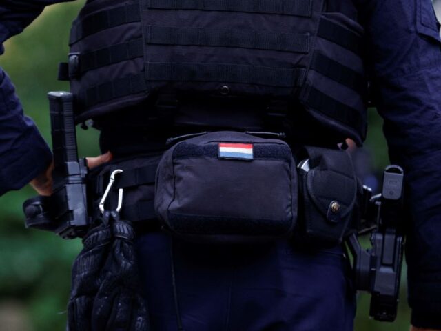 Detail of a Dutch police officer's uniform and equipment as he patrols outside the Je