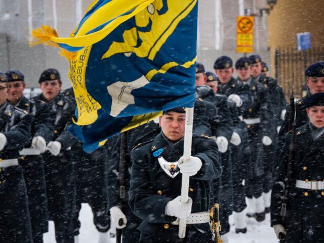Soldiers from the royal guard march outside the Royal Palace during snowfall in the heart
